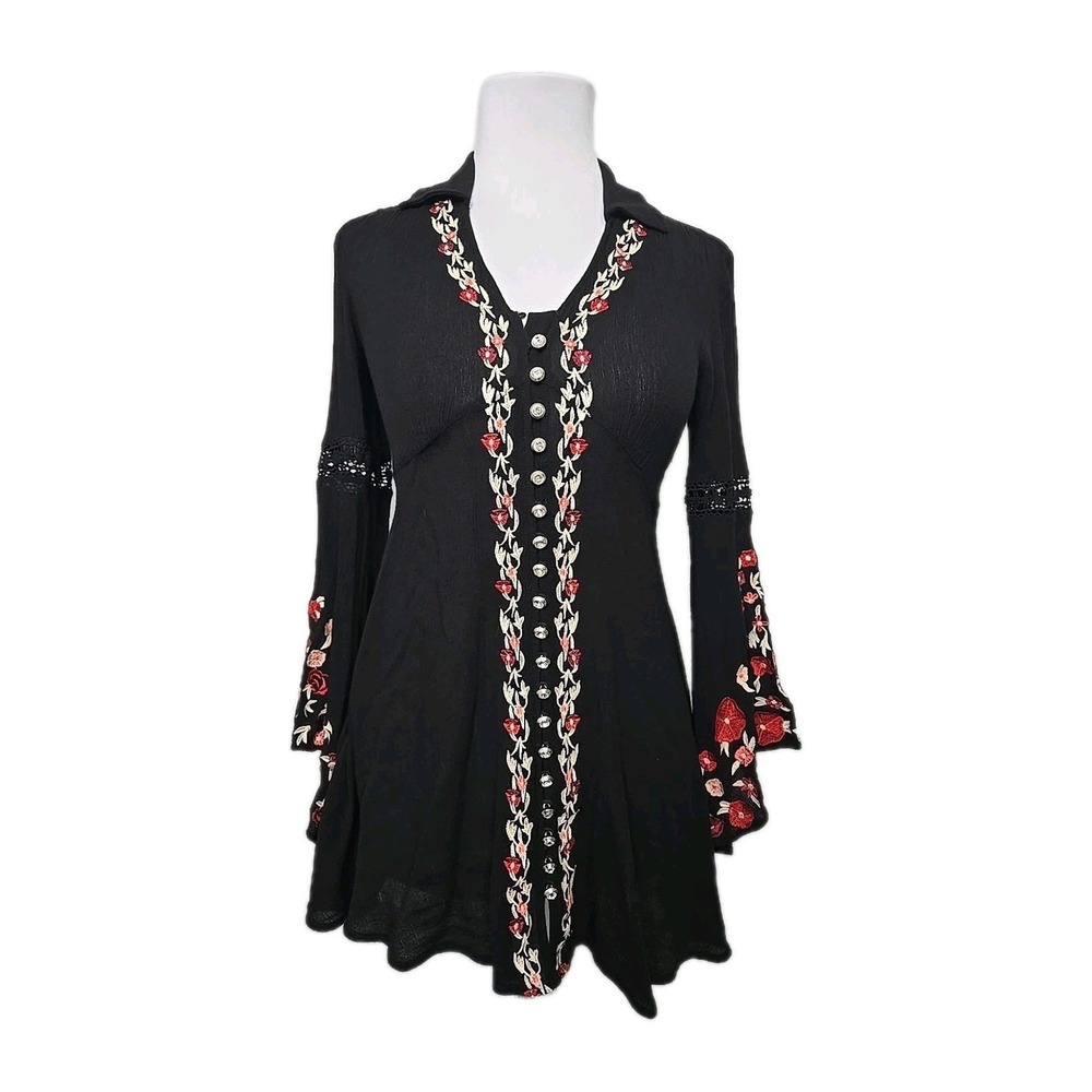 V Cristina Black Gauzy Embrodered Rhinestone Button Tunic Top SMALL